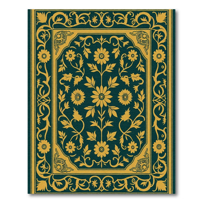 Golden Floral Bordered Deep Teal Rug