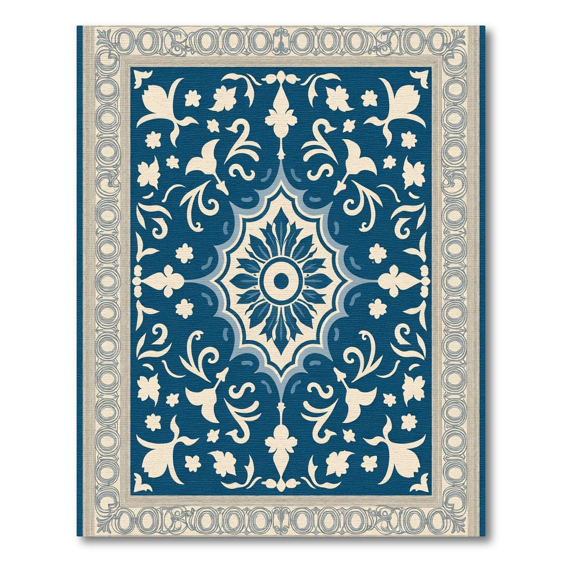 Ornate Cobalt Bloom Within Border Rug