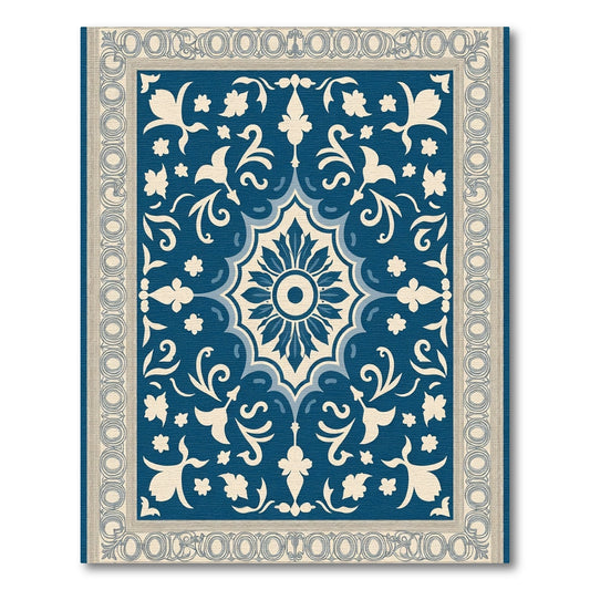 Ornate Cobalt Bloom Within Border Rug