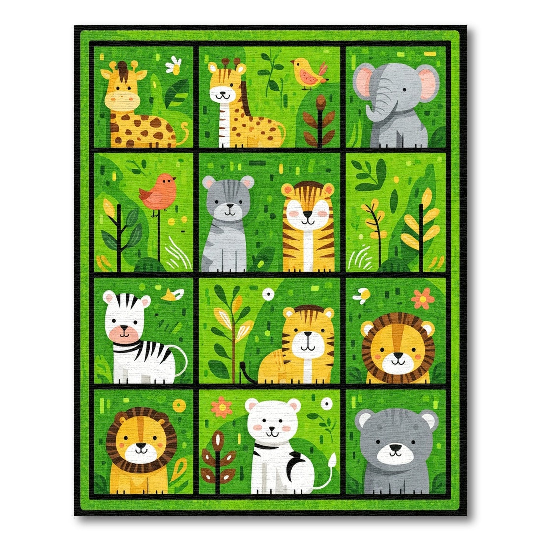 Playful Green Cartoon Jungle Animals Rug