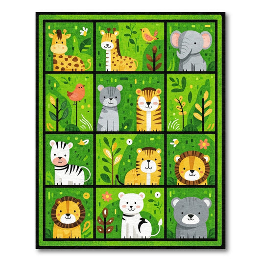 Playful Green Cartoon Jungle Animals Rug