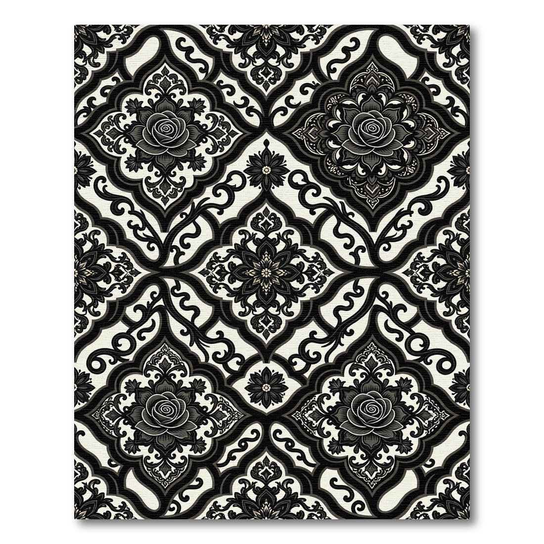 Black and Cream Rose Medallion Damask Rug