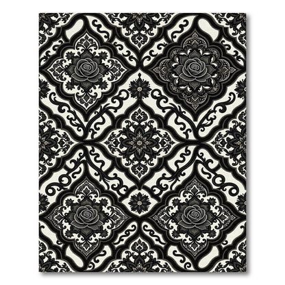 Black and Cream Rose Medallion Damask Rug