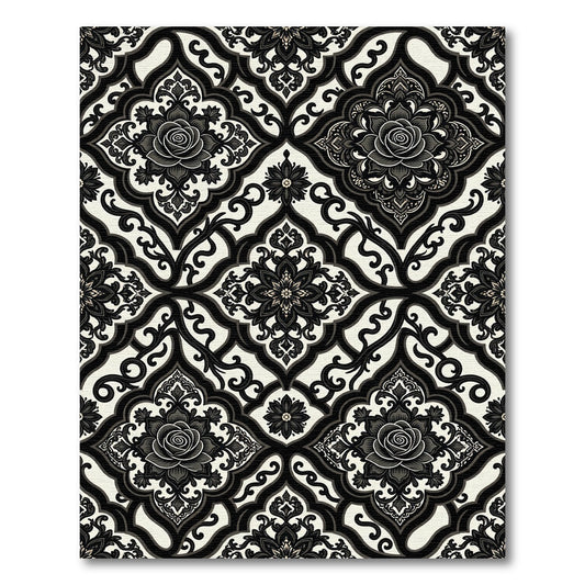 Black and Cream Rose Medallion Damask Rug