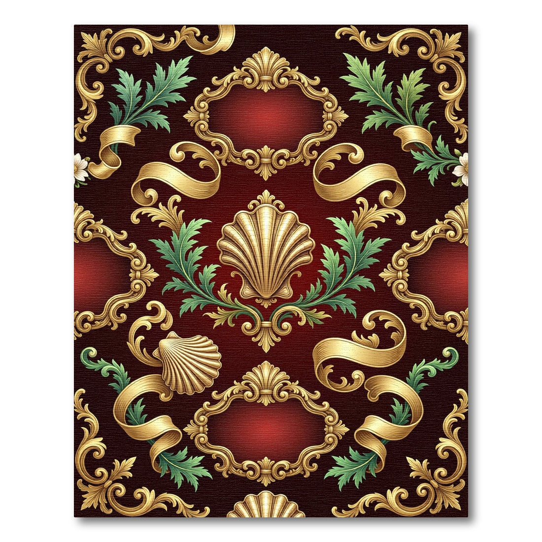 Crimson Gold Baroque Shell Frame Rug