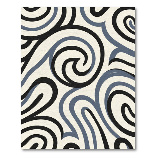 Cream Blue Black Swirling Lines Rug