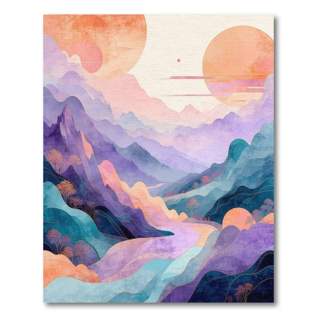 Dreamy Pastel Mountains Orange Suns Rug
