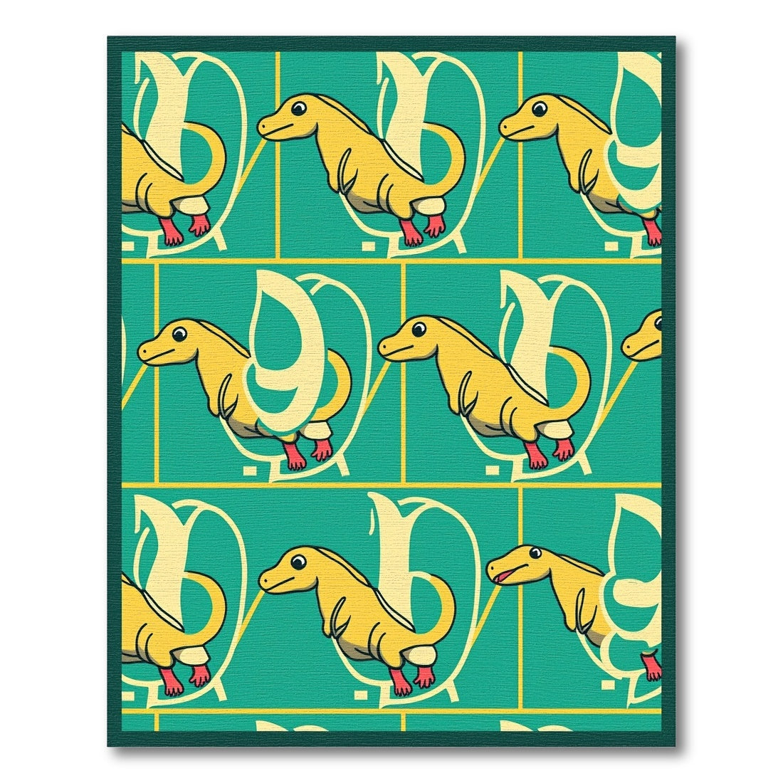 Yellow Dinosaur Teal Line Repeating Rug