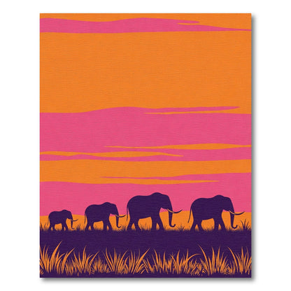 Vibrant Elephant Herd Sunset Silhouette Rug