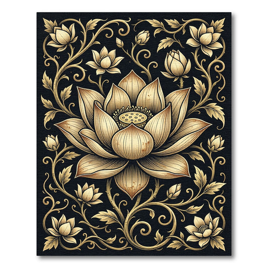 Elegant Gold Lotus Floral Scroll Rug