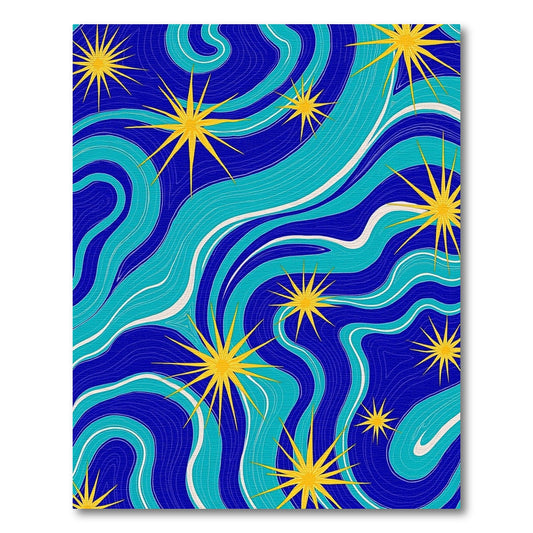 Navy Teal Wavy Yellow Stars Rug