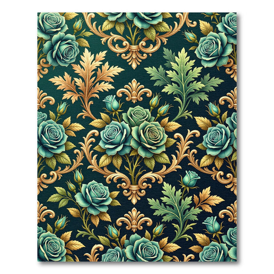 Teal Rose Baroque Gold Scroll Rug