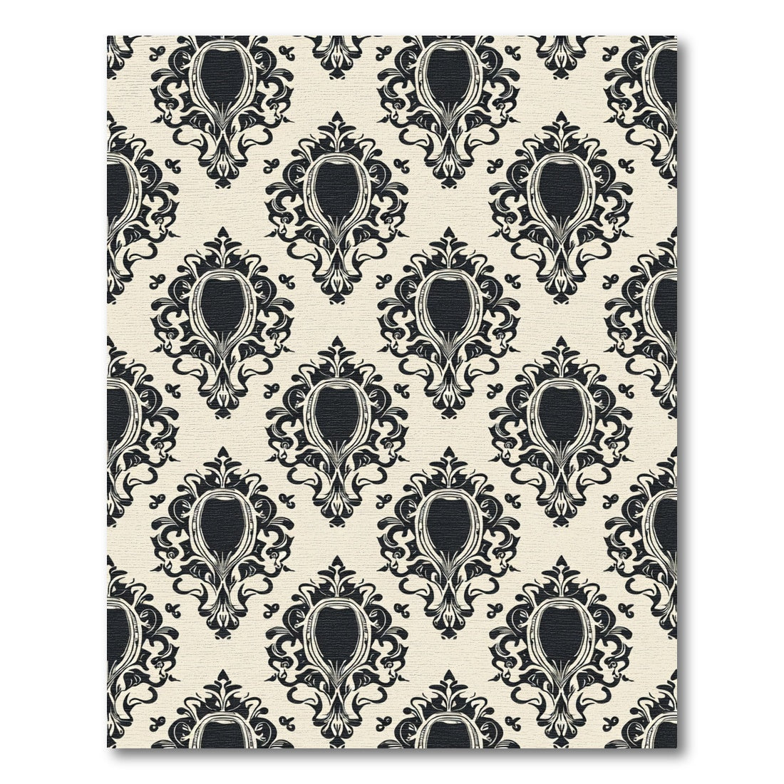 Ornate Black Damask Oval Cream Rug