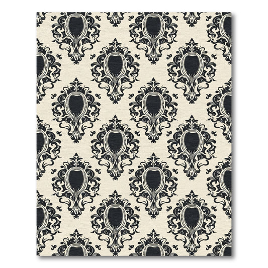 Ornate Black Damask Oval Cream Rug