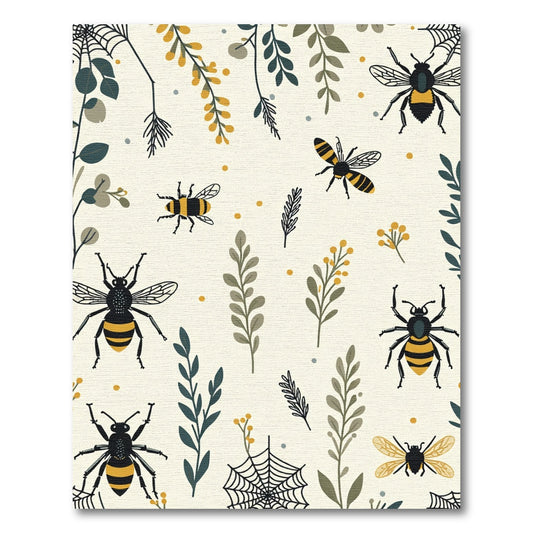 Yellow Black Bee Foliage Spiderweb Cream Rug