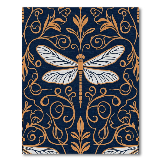 Indigo Dragonfly Vine Scrollwork Rug