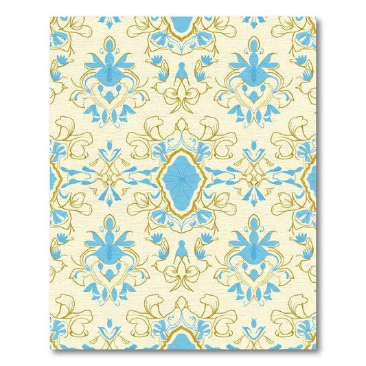 Pale Cream Blue Floral Damask Accent Rug