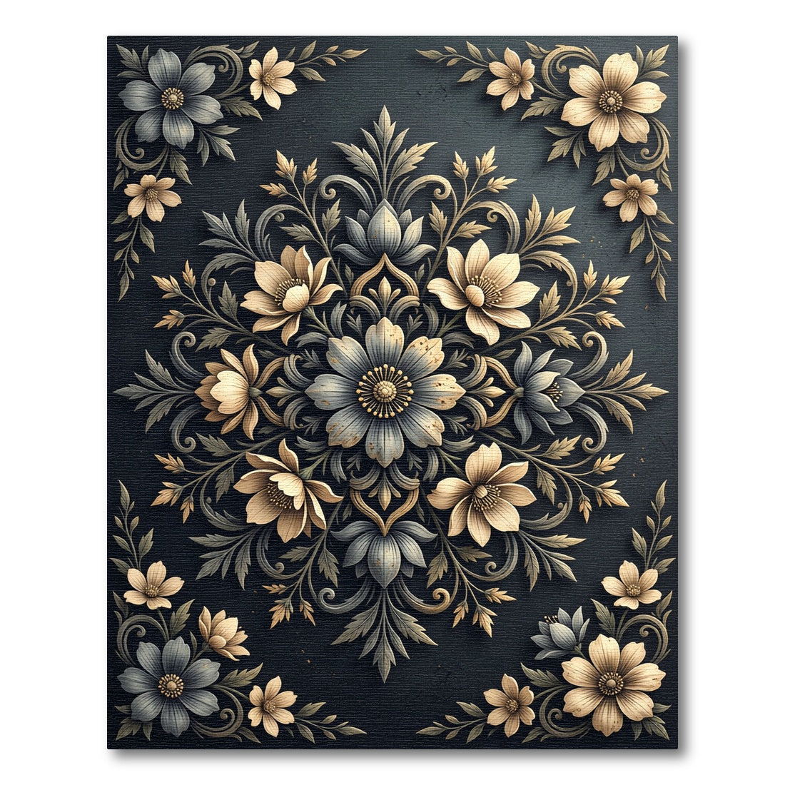 Refined Charcoal Gold Floral Medallion Rug