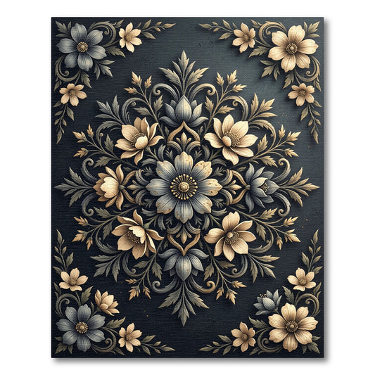 Refined Charcoal Gold Floral Medallion Rug
