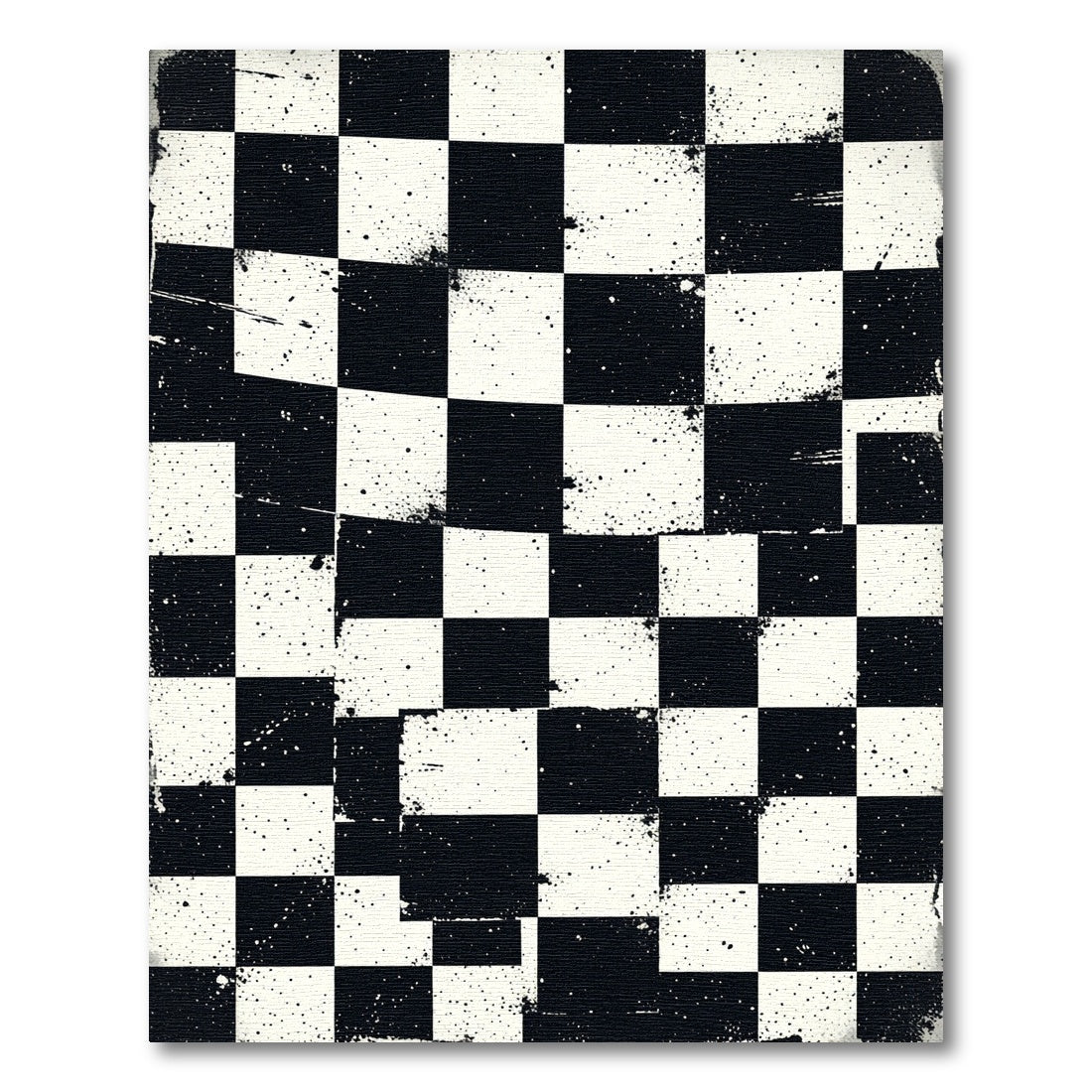 Distressed Black and White Checkered Grid Rug