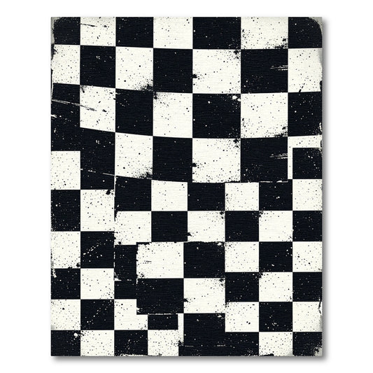 Distressed Black and White Checkered Grid Rug
