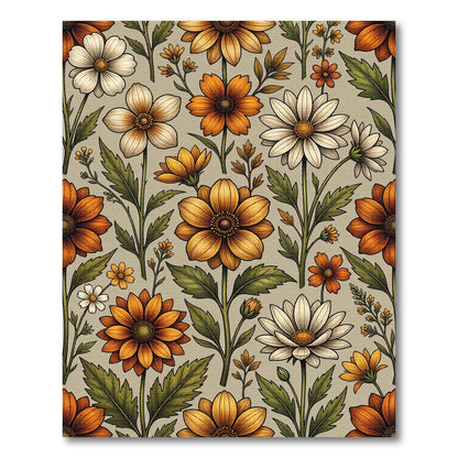 Golden Orange Floral Botanical Print Rug
