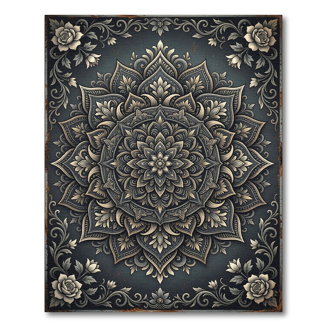 Elegant Charcoal Floral Medallion Acreage Rug