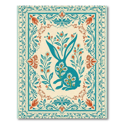 Teal Bunny Floral Border Embroidery Rug