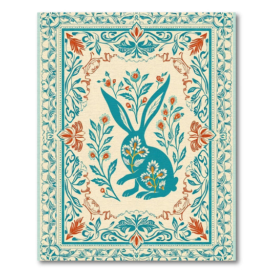 Teal Bunny Floral Border Embroidery Rug