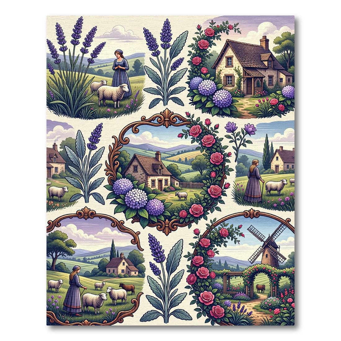 Pastoral Lavender Rose Cottage Countryside Collage Rug