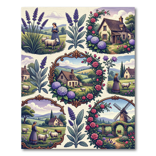 Pastoral Lavender Rose Cottage Countryside Collage Rug