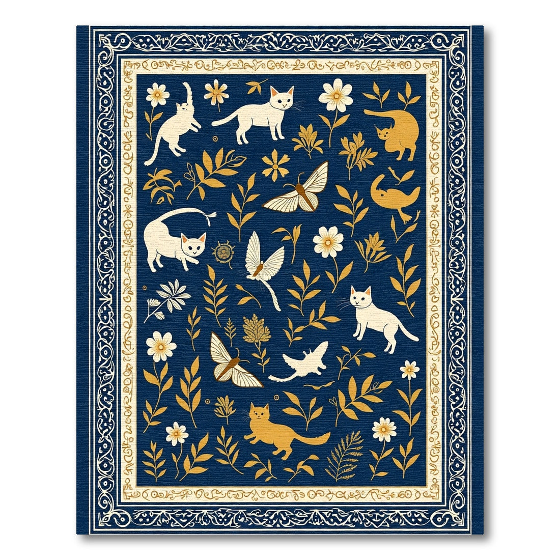 Whimsical Cats Butterflies Floral Navy Rug