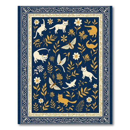 Whimsical Cats Butterflies Floral Navy Rug