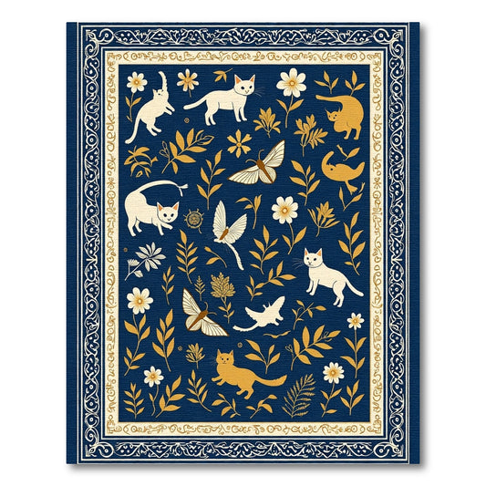 Whimsical Cats Butterflies Floral Navy Rug
