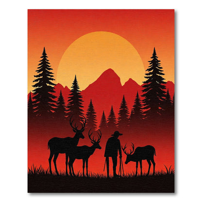 Sunset Deer Hunter Forest Scene Rug