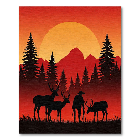 Sunset Deer Hunter Forest Scene Rug