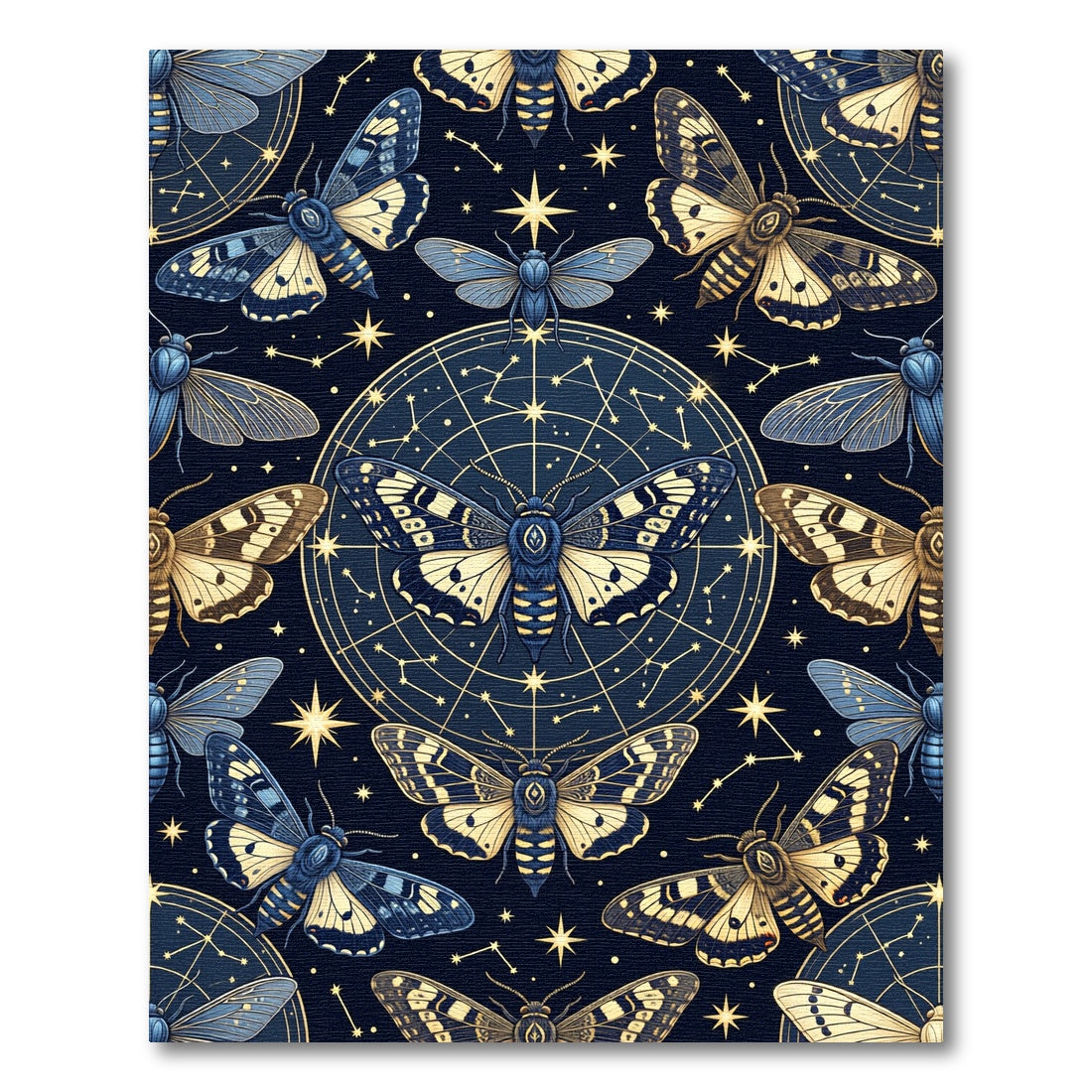 Celestial Gold and Navy Moth Tapestry Rug