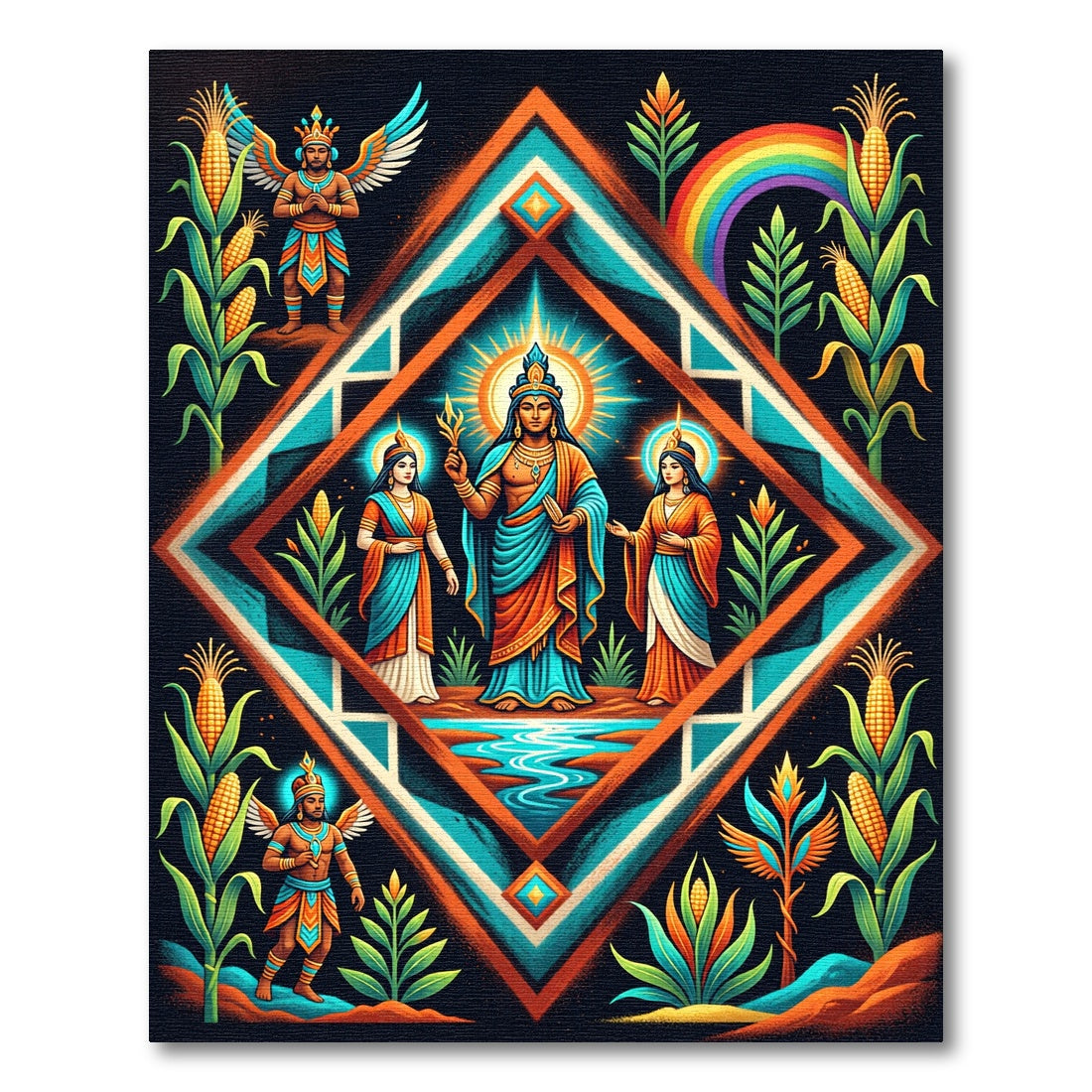 Vibrant Aztec Maize Diamond Sacred Art Rug