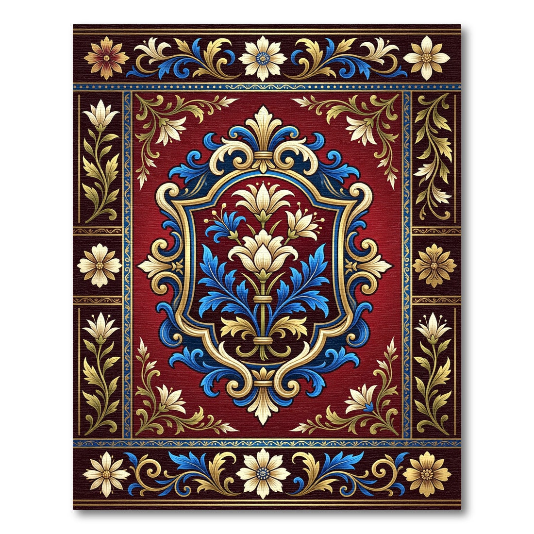 Crimson Gold Blue Floral Medallion Rug