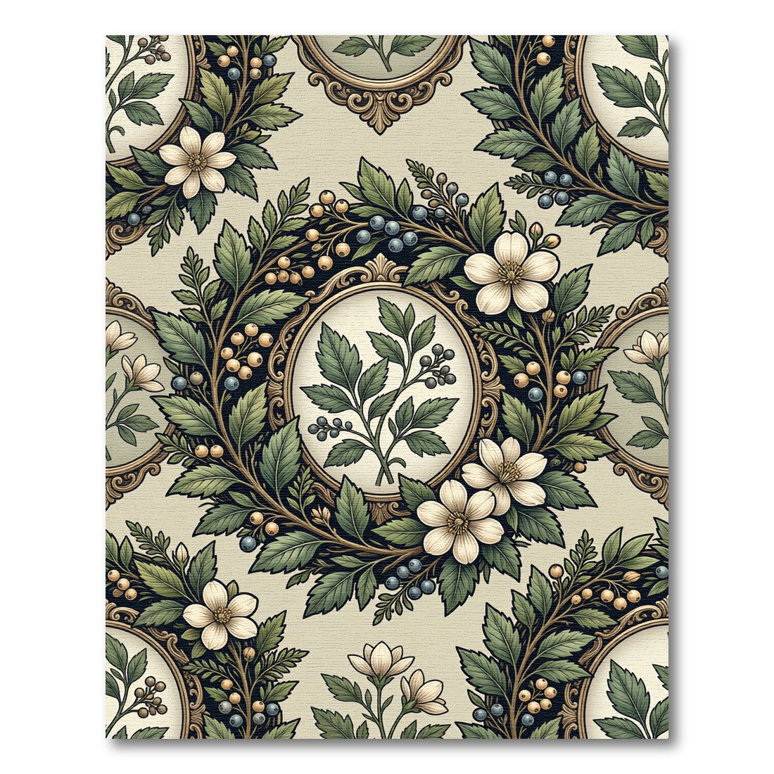 Floral Wreath Framed Botanical Sage Rug