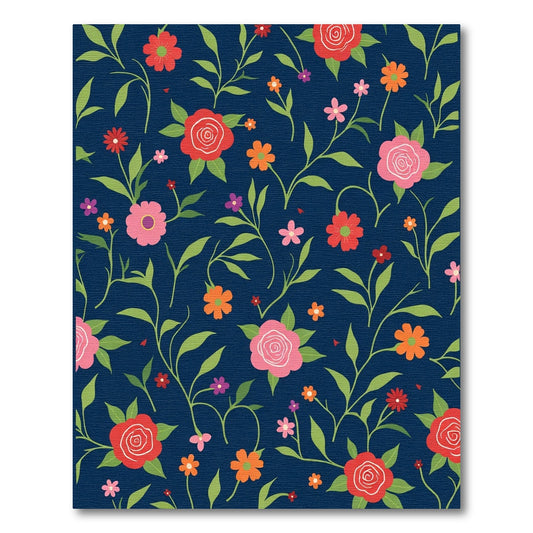 Navy Blue Floral Vines Garden Rug