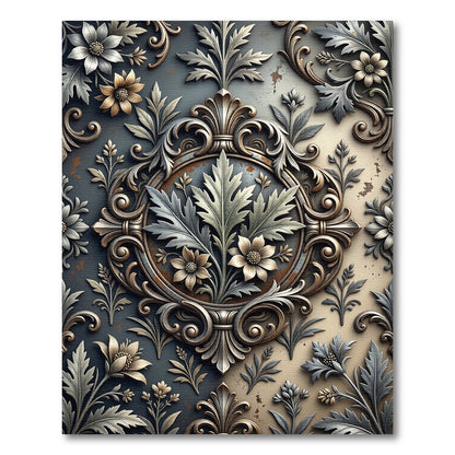 Ornate Silver Gold Floral Damask Rug