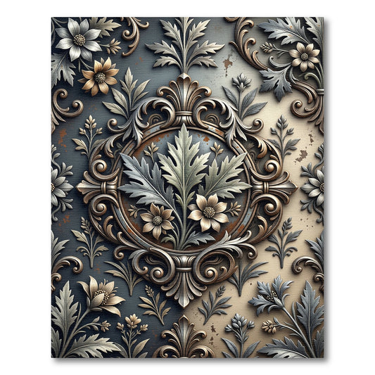 Ornate Silver Gold Floral Damask Rug