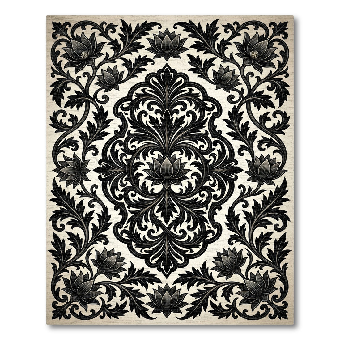 Elegant Black Floral Damask Charcoal Scroll Rug