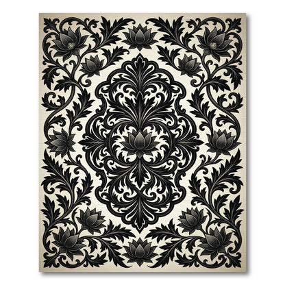 Elegant Black Floral Damask Charcoal Scroll Rug