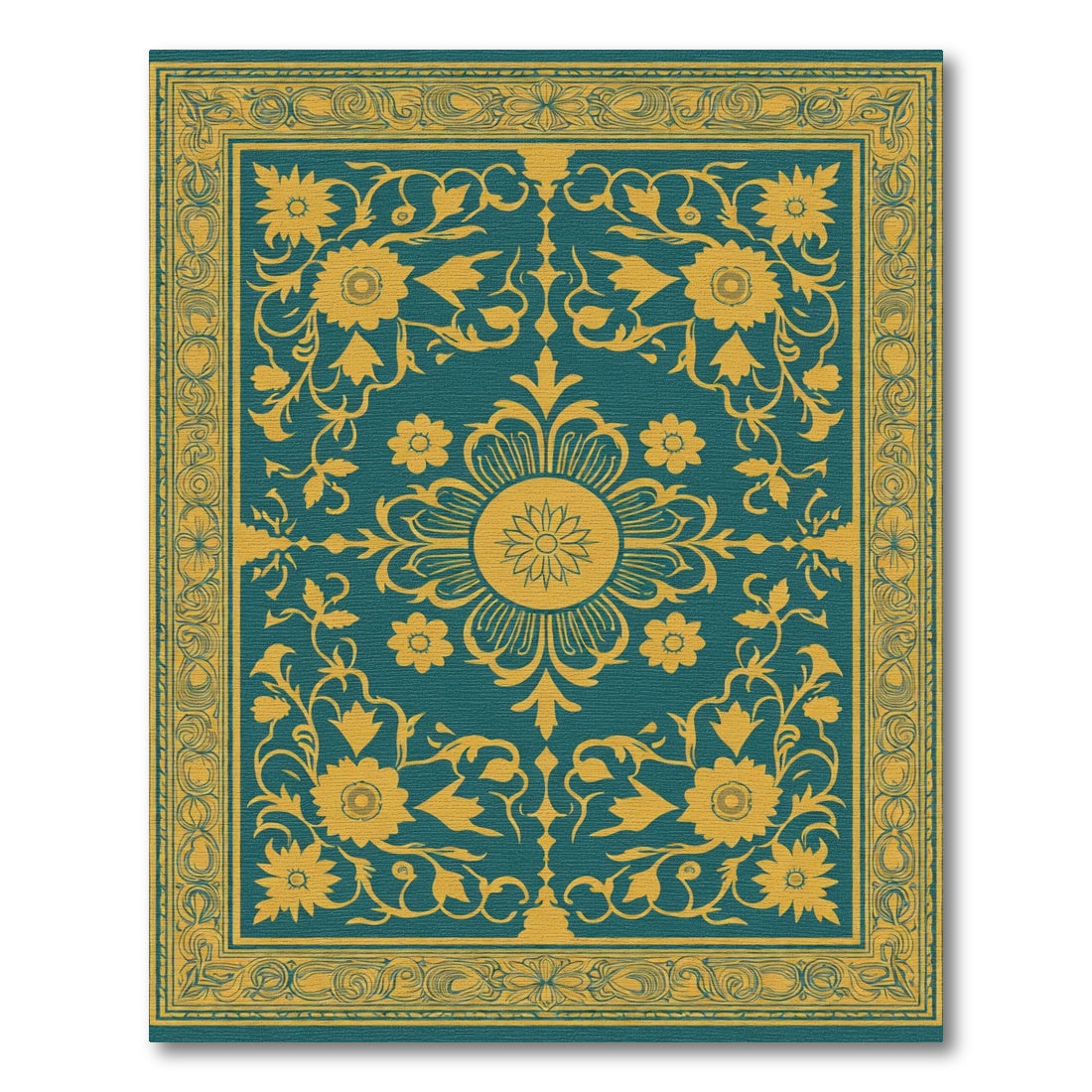 Teal Gold Floral Medallion Border Rug