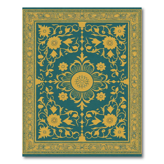 Teal Gold Floral Medallion Border Rug