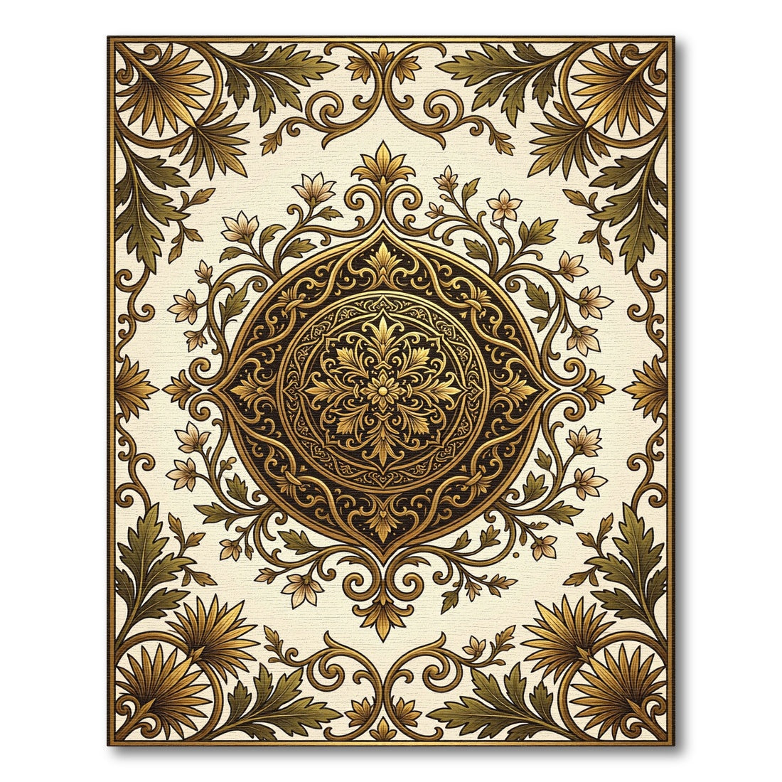 Ornate Golden Floral Scroll Medallion Rug