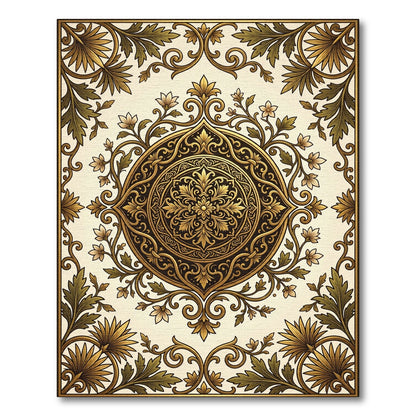 Ornate Golden Floral Scroll Medallion Rug