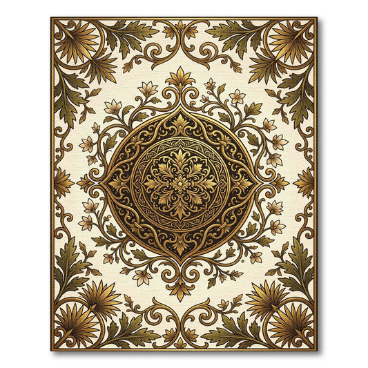 Ornate Golden Floral Scroll Medallion Rug